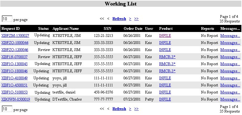 Working List Page